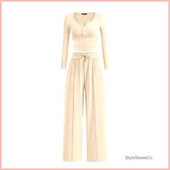 Women's Lounge Set Long Sleeve Henley Top Wide Leg Pants Travel Outfit